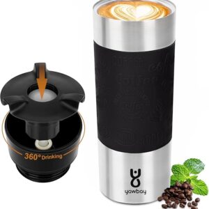 Travel Coffee Mug with 360°Lid, Travel Coffee Tumbler 16 oz Leak Proof, Stainless